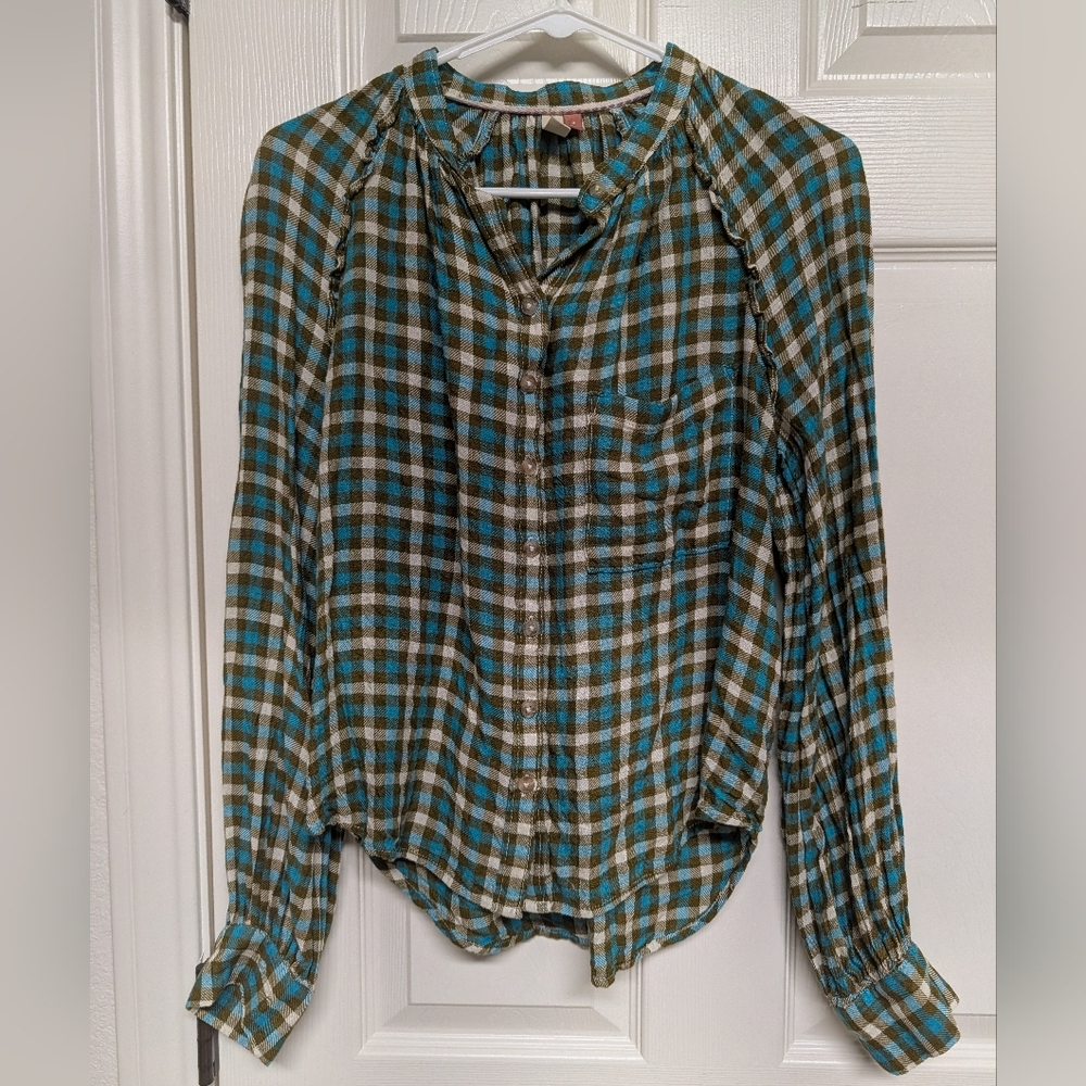 Anthropologie Pilcro Plaid Button Down Blouse Size Medium Wool Blend Ruffle